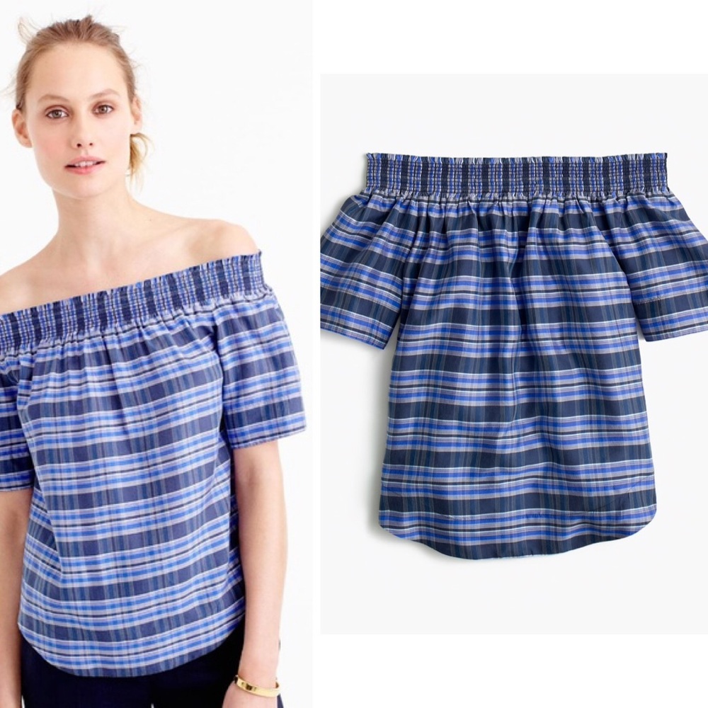 JCREW Blue Gingham Plaid Off Shoulder Silk Top 4